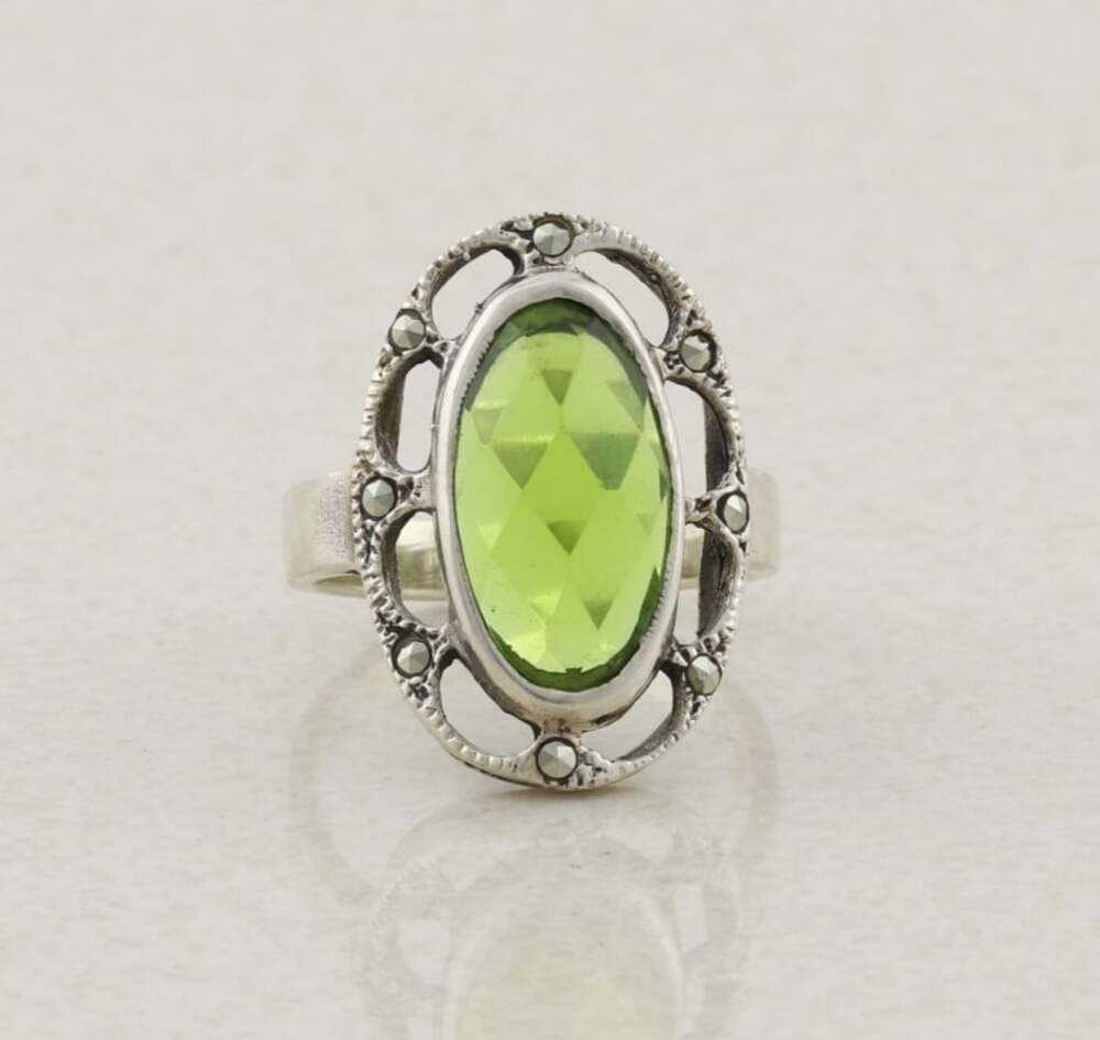 Sterling Silver Cushion Cut Green Cubic Zirconia and Marcasite Ring Size 6 1/2